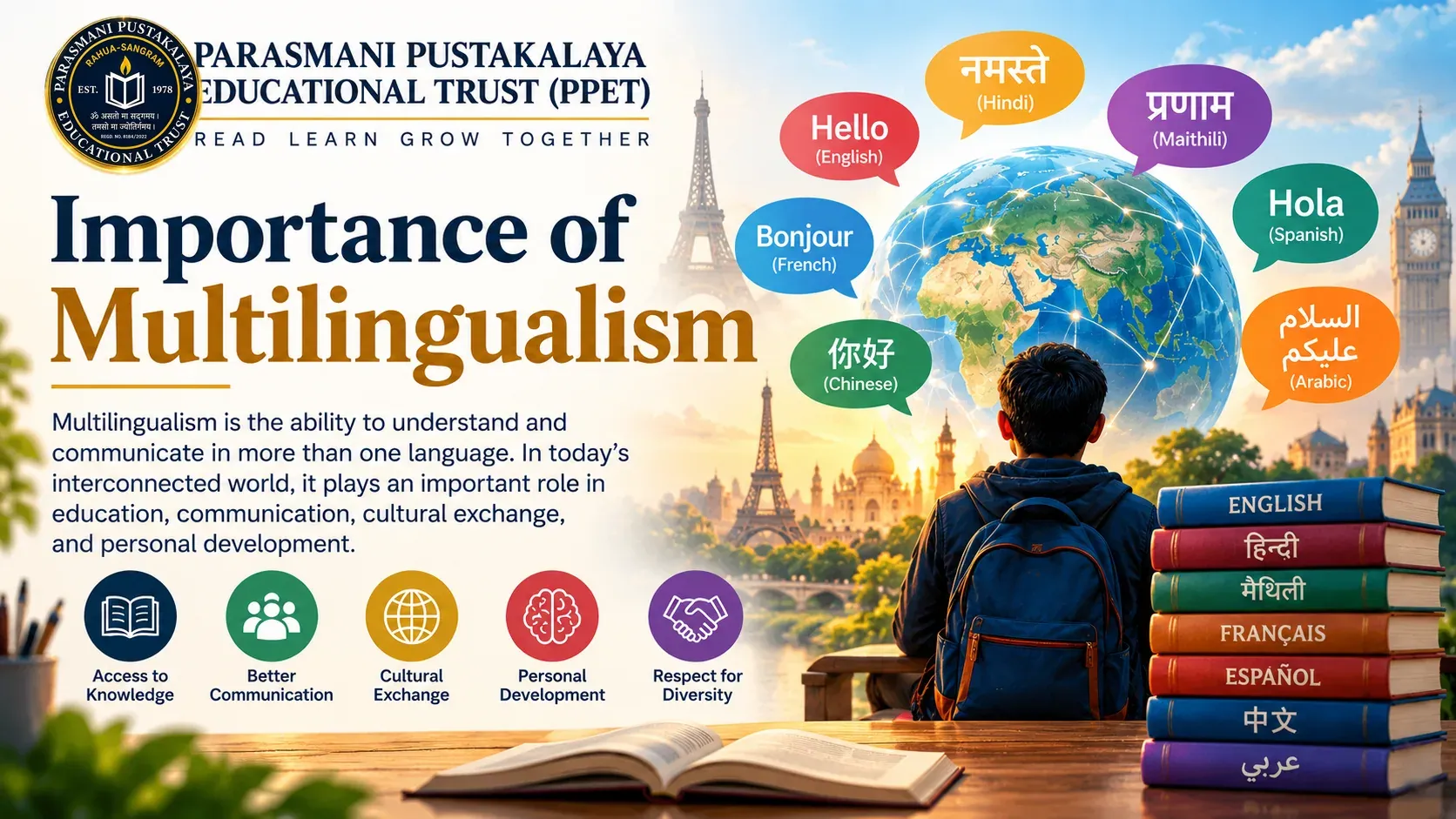Importance of Multilingualism featuring a globe, books, students, and greetings in multiple languages Parasmani Pustakalaya Educational Trust (PPET).