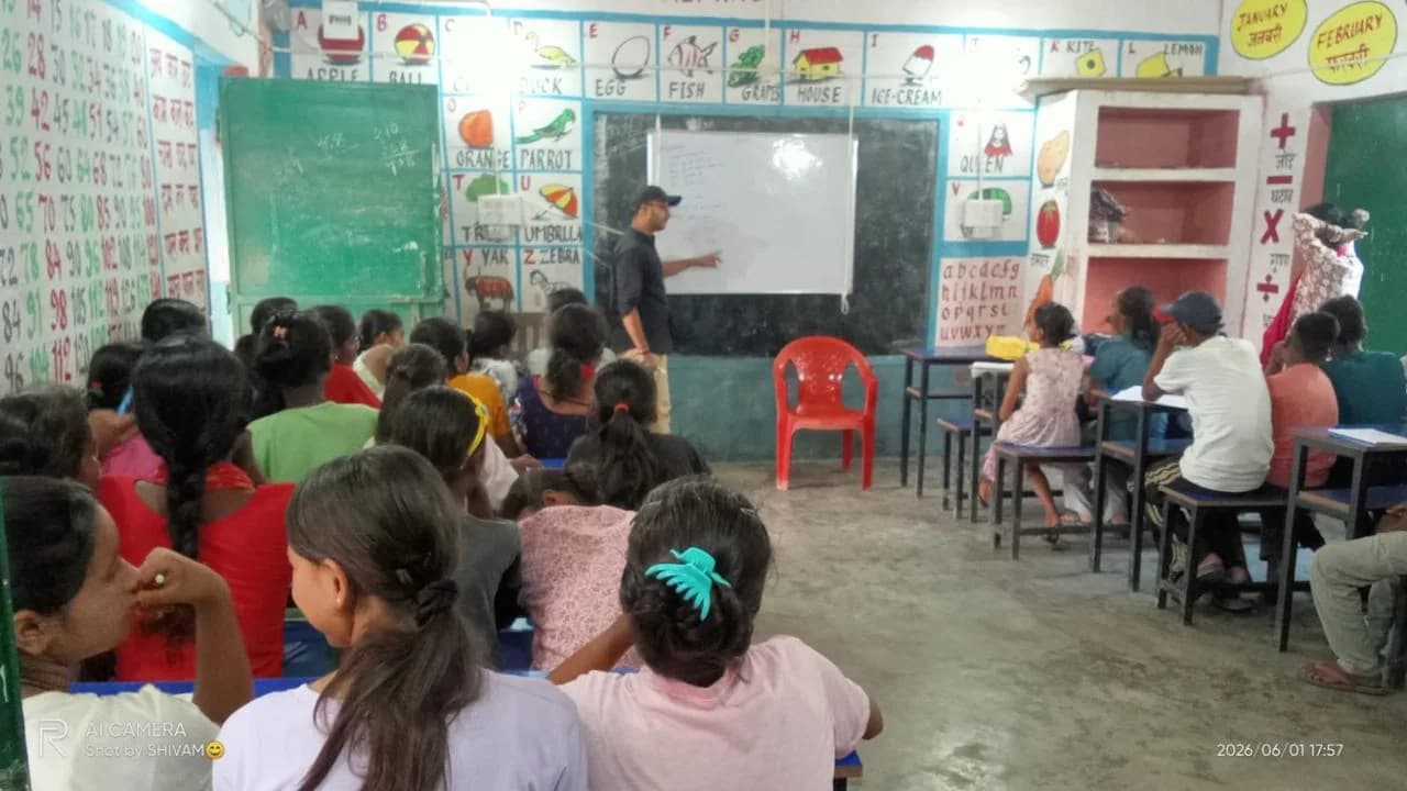 Students attending a classroom learning session at the summer shivir